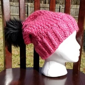 Pink Winter Hat with Black Faux Fur Pom Pom